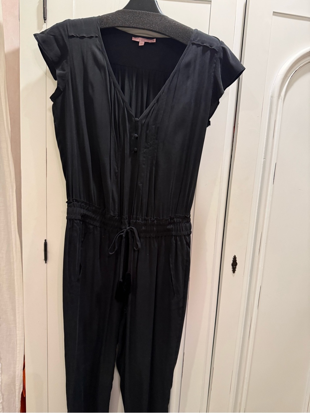 Calypso St. Barth Black Cap-Sleeve V-Neck Drawstring Jumpsuit
